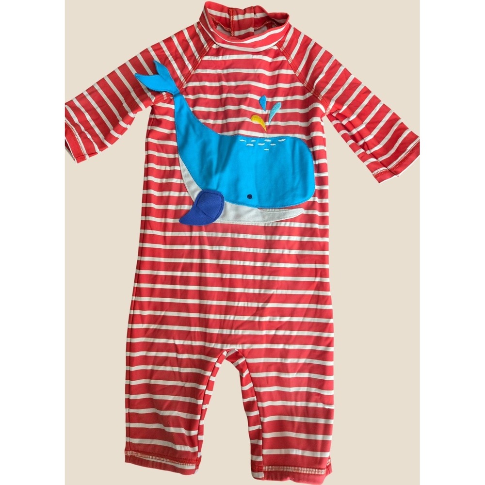 Mini Boden Kids Red White Stripe Whale Rash Guard Swim Suit 12-18M UPF 40+